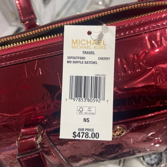 MICHAEL KORS Jet Set Medium Metallic Logo Debossed Satchel
Cherry 
NWT - Picture 11 of 16